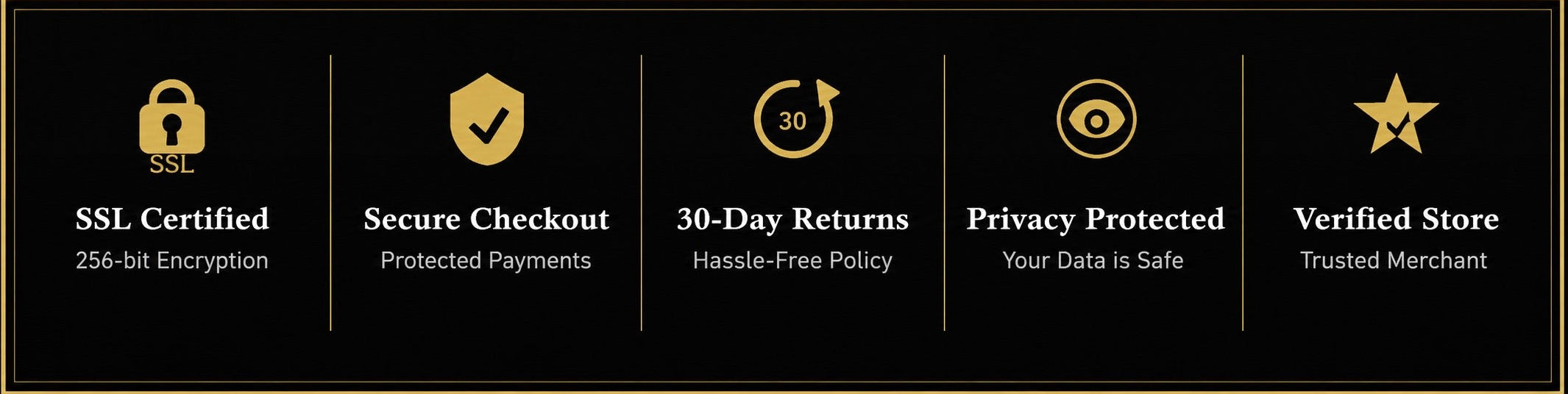 Set of icons and text on a black background, representing security and trust features.
