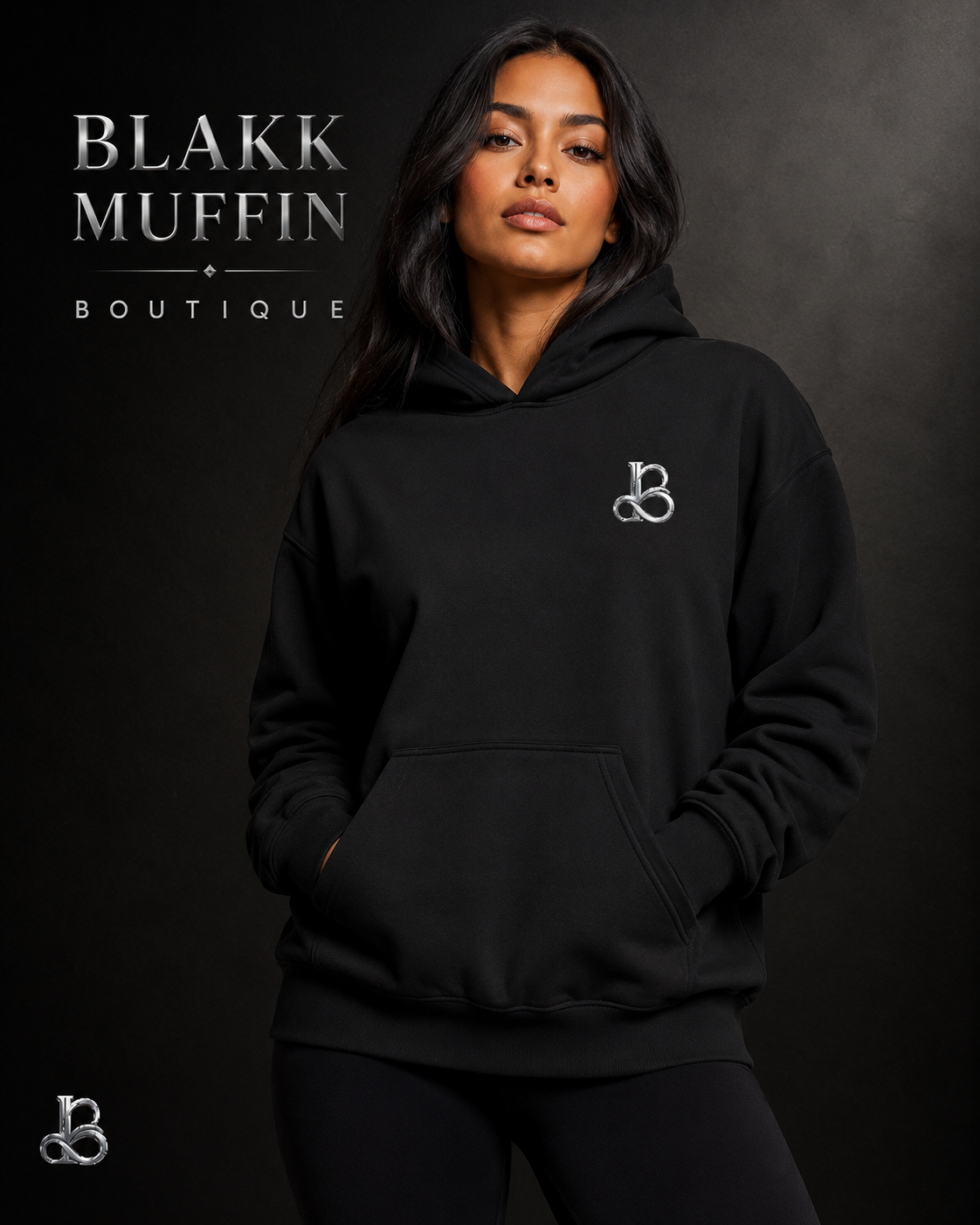 Person wearing a black hoodie with a logo, standing against a dark background with 'Blakk Muffin Boutique' text.