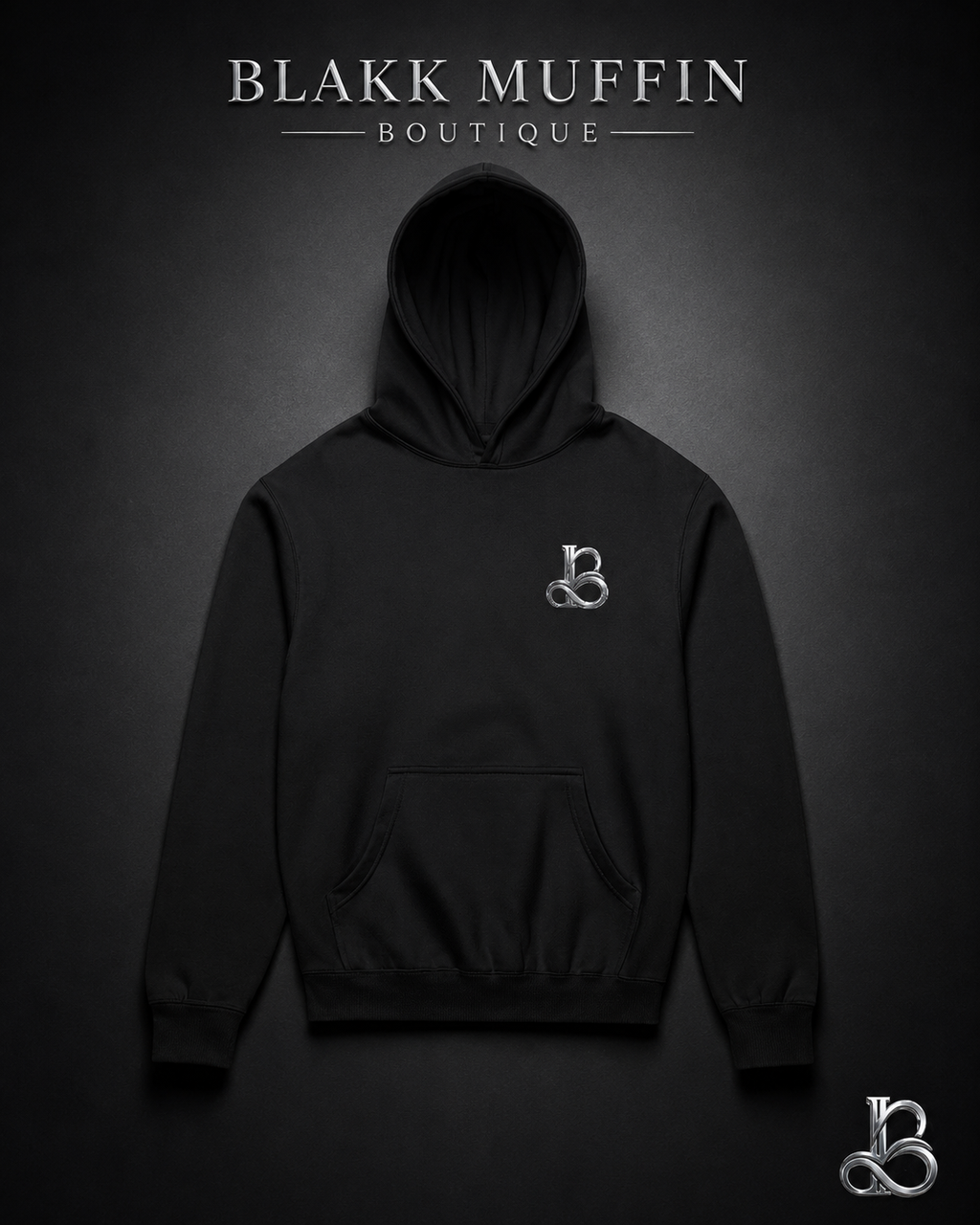 Black hoodie with a logo on the chest against a dark background, featuring 'Blakk Muffin Boutique'.